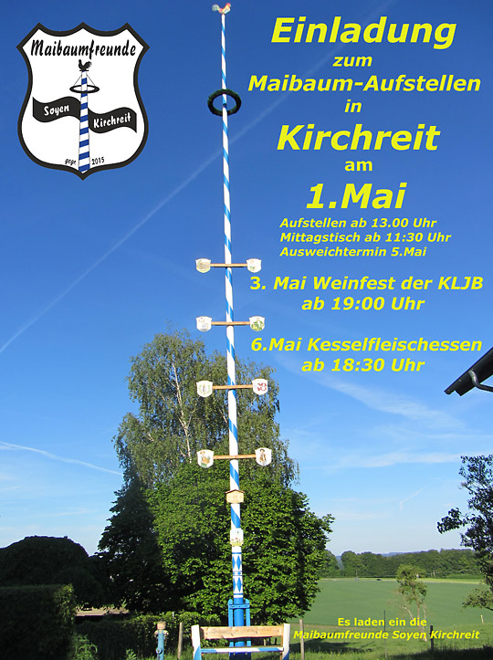 Plakat: Einladung zum Maibaumaufstellen in Kirchreit am 01. Mai 2024